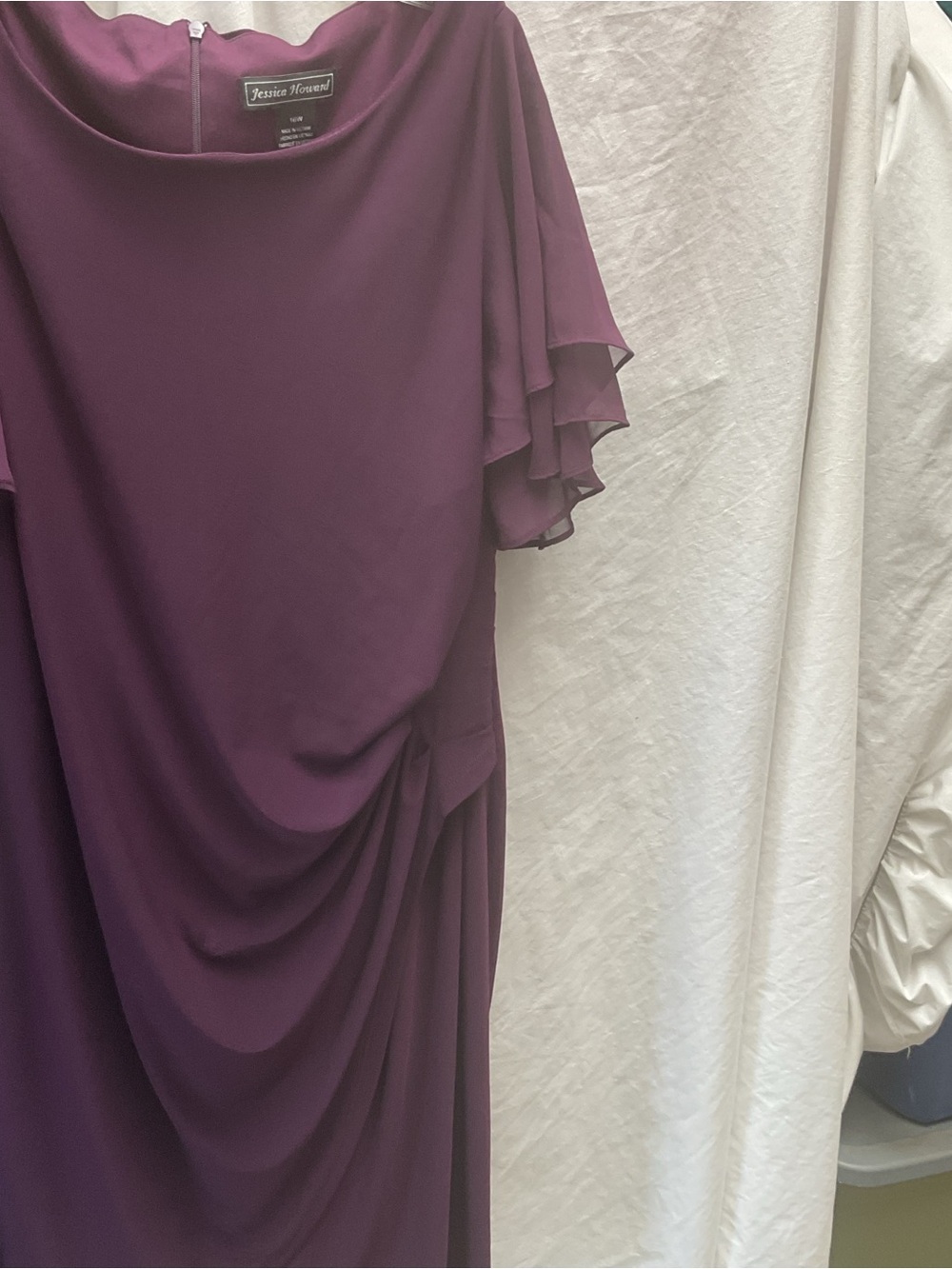 Jessica Howard Deep Plum Draped Midi Dress with Flutter Sleeves